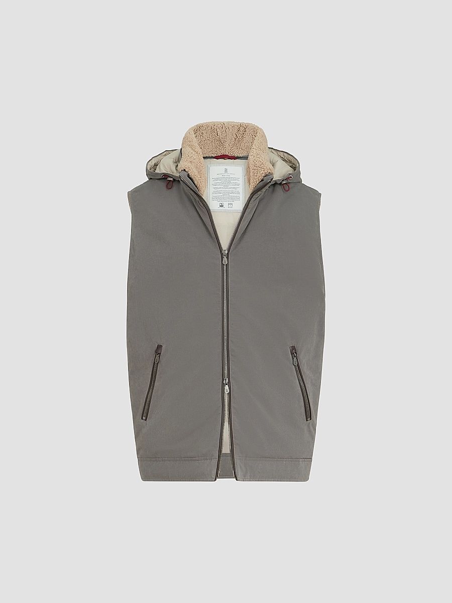 Men's Waxed Techno Cotton Down Vest with Detachable Hood - Grey - Size XXXXL