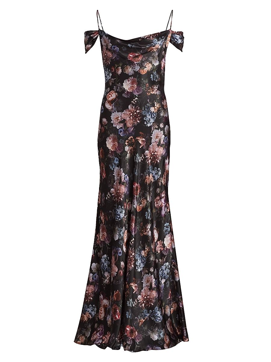 Women's Kenna Floral Cold-Shoulder Silk Maxi-Dress - Black Multi Vintage Flower - Size 12