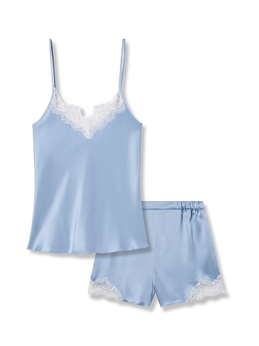 Women's Mulberry Silk Lace Cami & Shorts Set - Blue - Size Medium