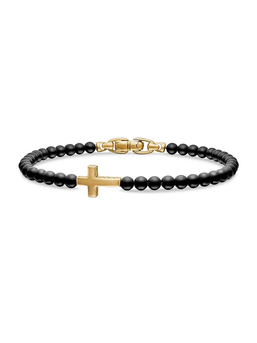 Men's Spiritual Beads Cross Station Bracelet - Black Onyx - Size Large
