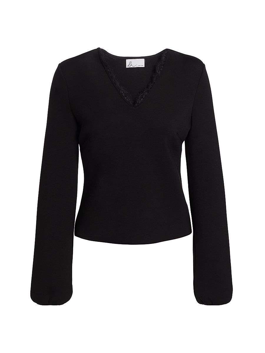 Women's Felicity Lace-Trim V-Neck Top - Black - Size Large