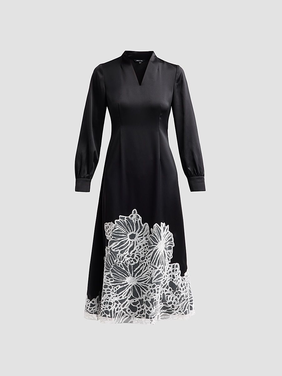 Women's Lace-Appliqué Crepe De Chine Midi Dress - Black White - Size XXL