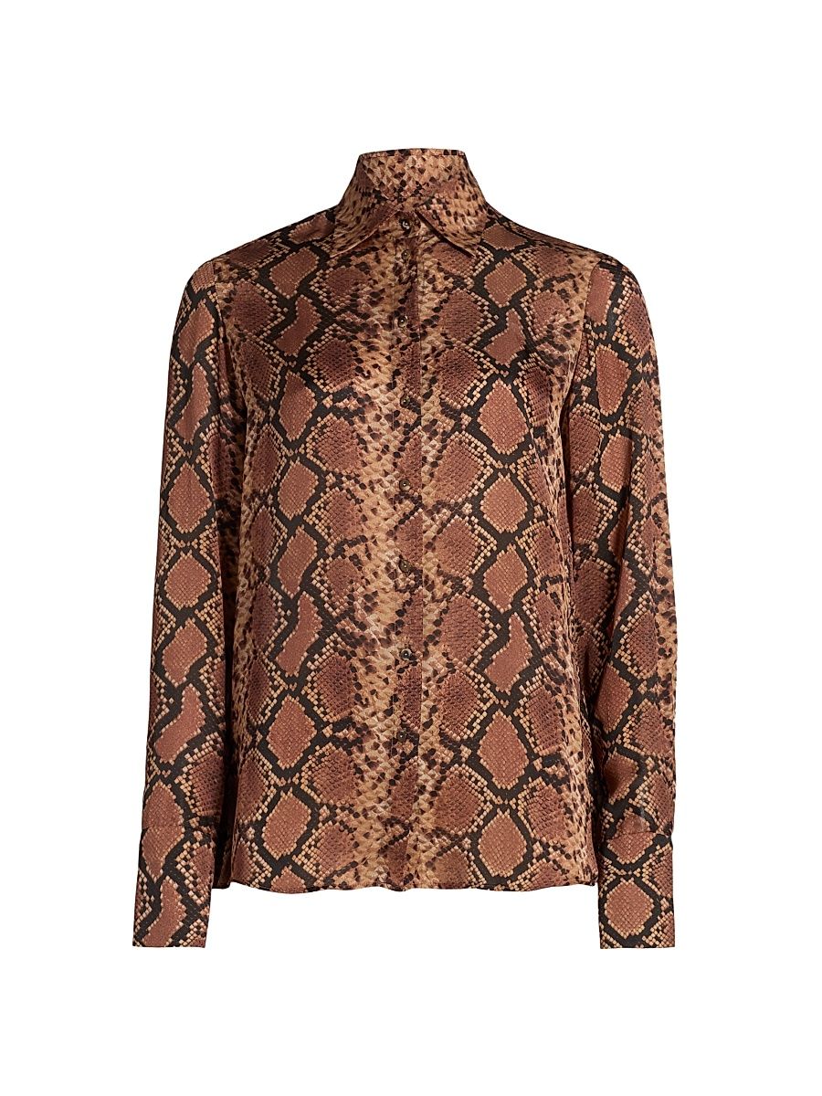 Women's Hypnotic Snake Silk Button-Front Shirt - Toffee Snake - Size 8