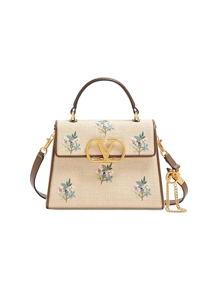 Women's VSling Small Handbag in Linen with Embroidery - Natural