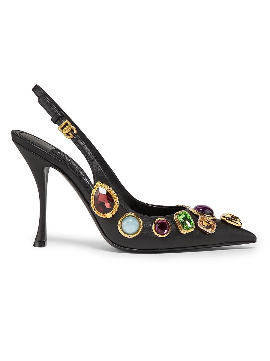 Women's Crystal-Embellished Leather Slingback Pumps - Black Multicolor - Size 7