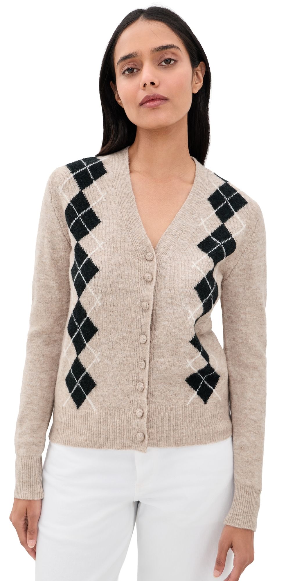 WAYF Elizabeth Argyle Sweater Oat/Green XL