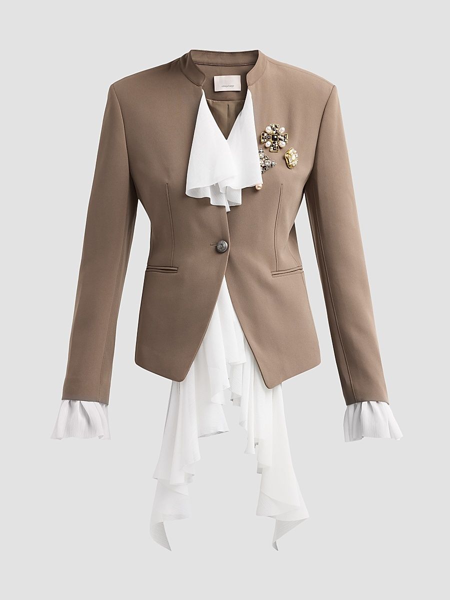 Women's Maren Embellished Ruffle-Trim Blazer - Taupe - Size 0