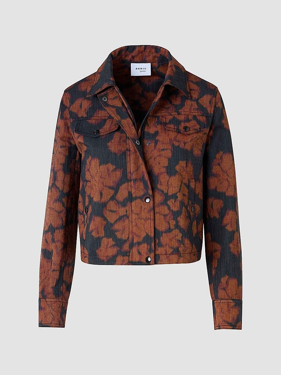 Women's Floral Cotton-Blend Denim Moto Jacket - Black Denim Orange - Size 18