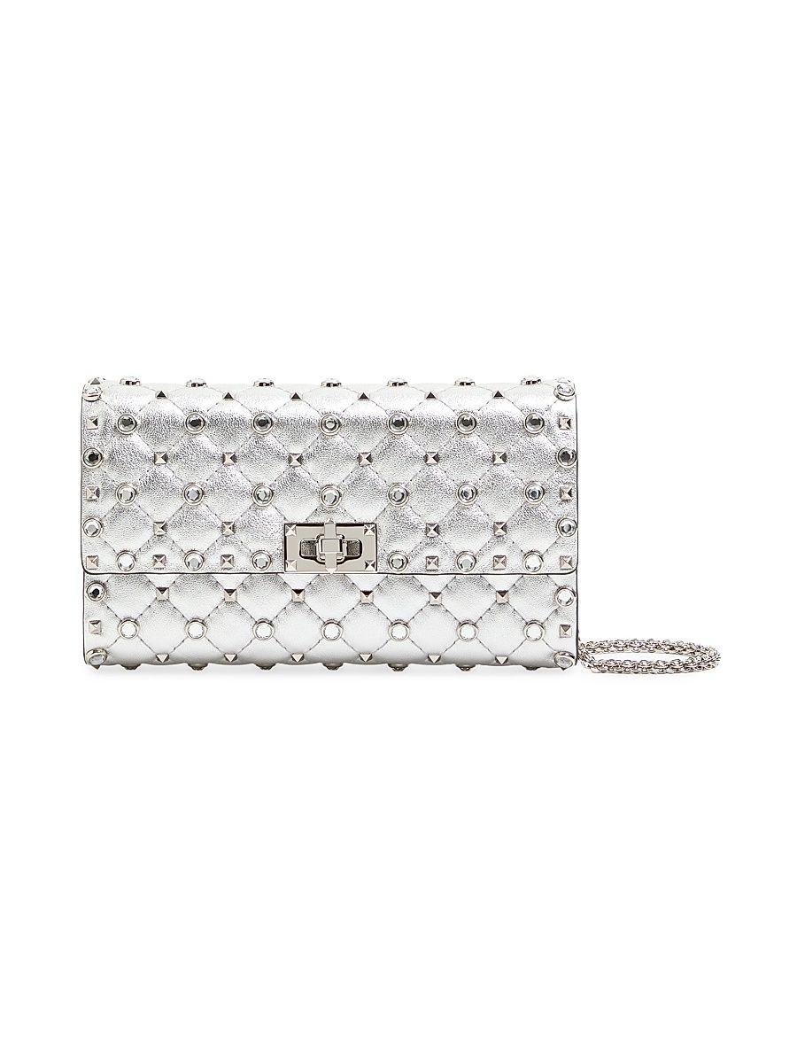 Women's Rockstud Spike Shoulder Bag in Laminated Nappa Leather - Silver Crystal