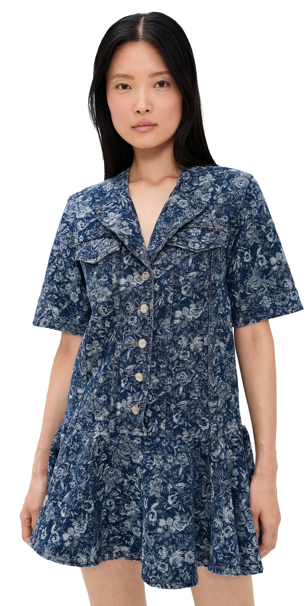 GANNI Tapestry Denim Mini Dress Mid Blue Stone 32