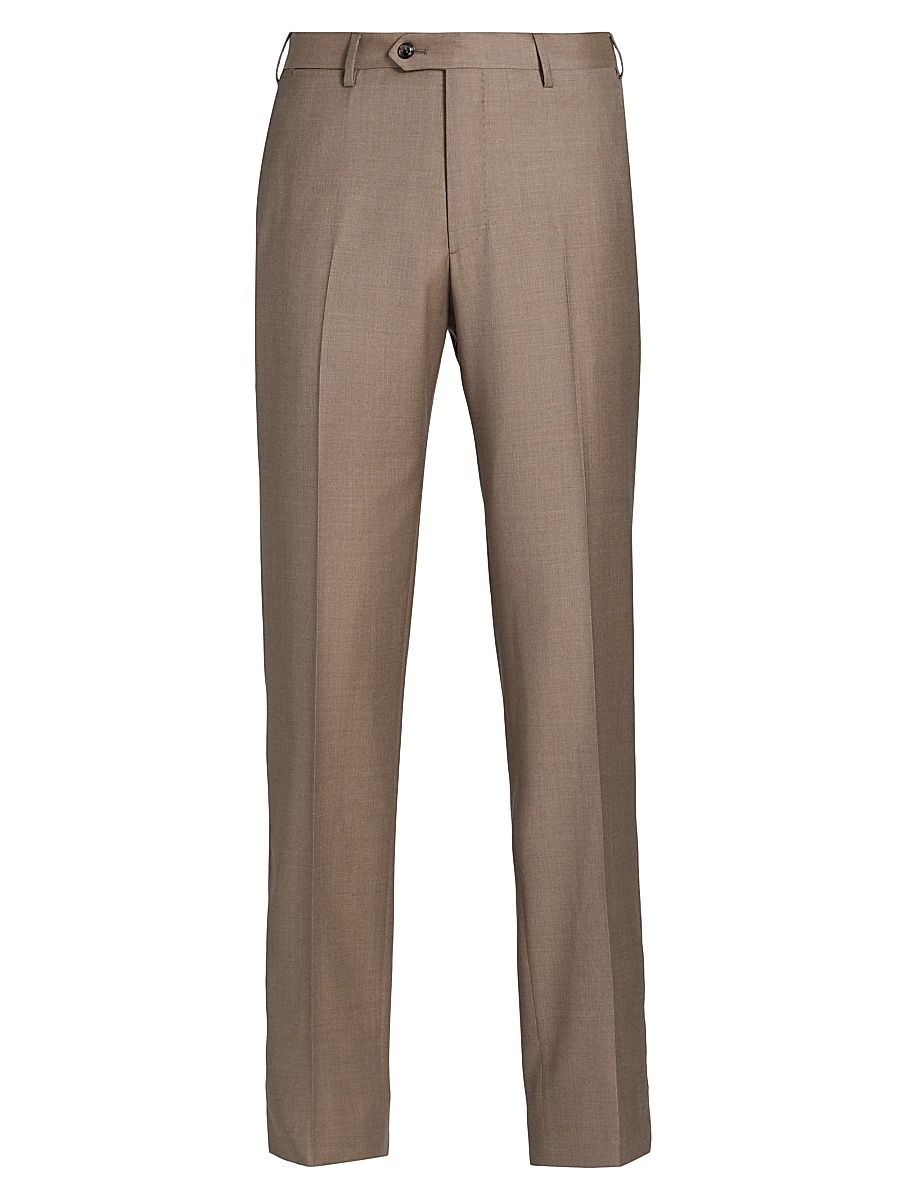 Men's Wool Flat-Front Trousers - Brown - Size 38