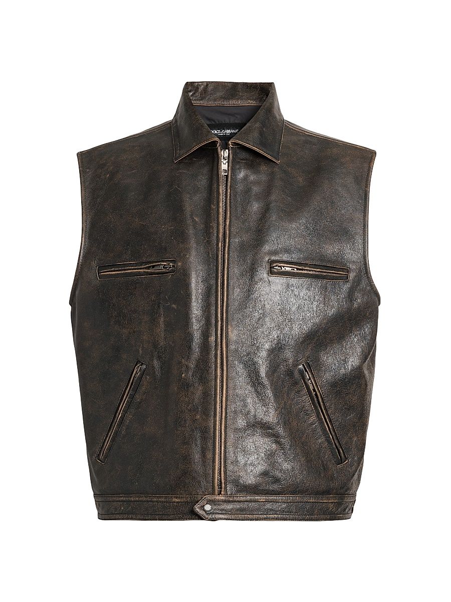 Men's Zip-Pocket Leather Vest - Nero - Size 40