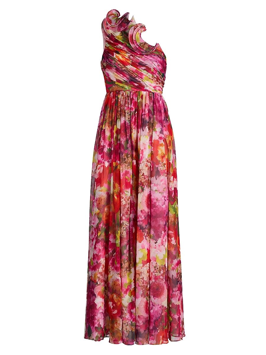 Women's Floral Georgette Frill A-Line Gown - Pink Multi - Size 16