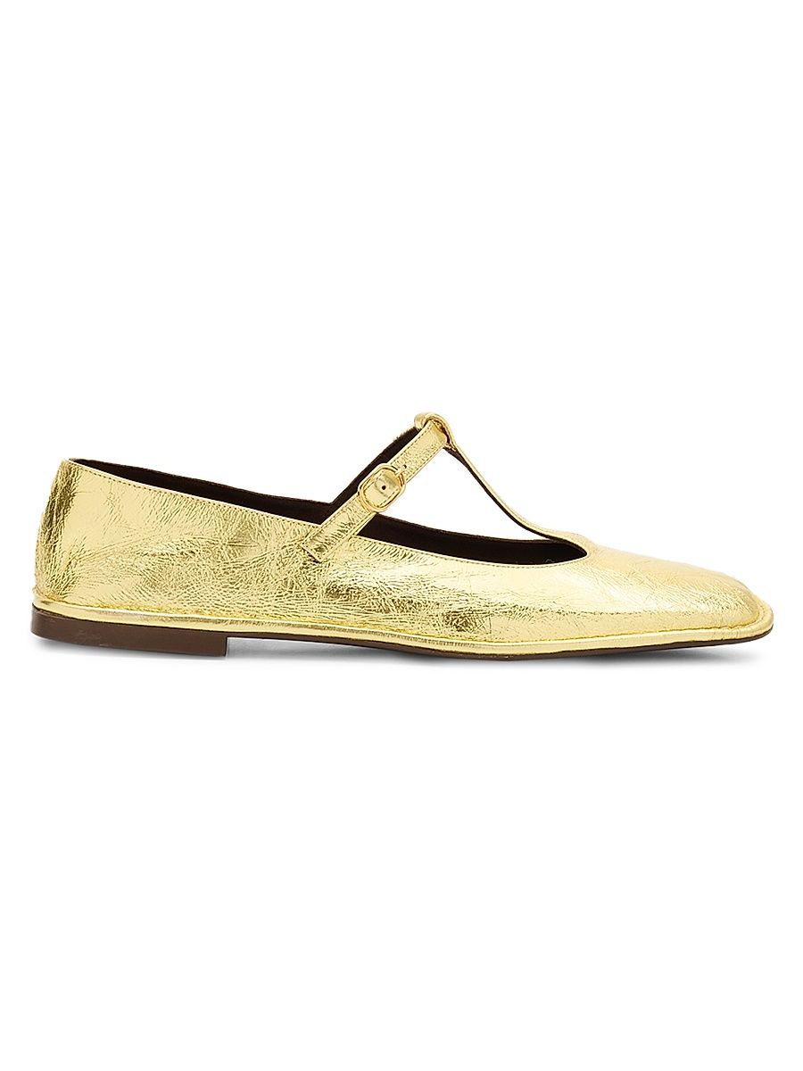 Women's Metallic Leather T-Strap Ballerina Flats - Gold - Size 11