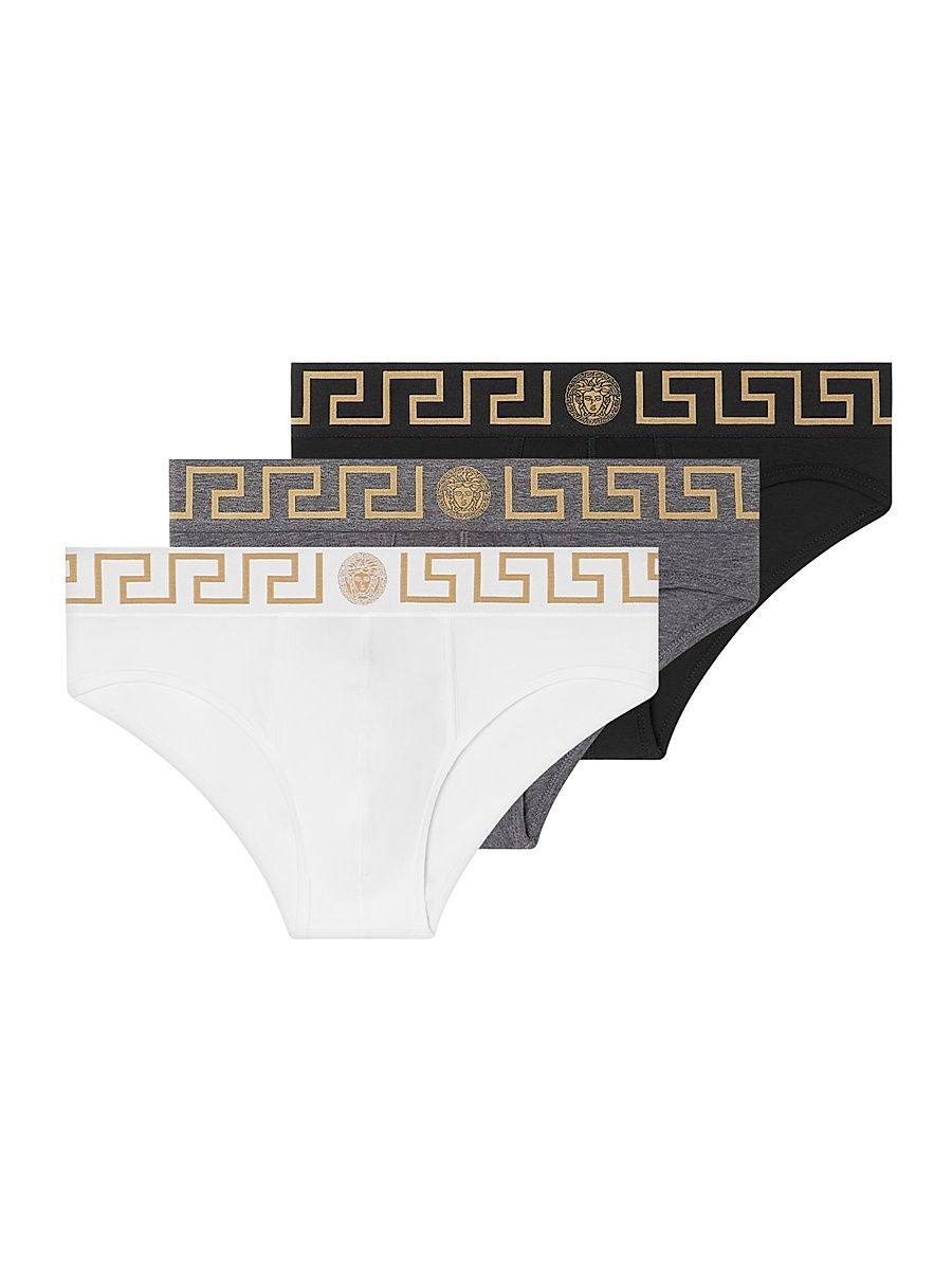 Men's 3-Pack Greca Logo Cotton-Blend Brief Set - Black Grey White - Size XXL