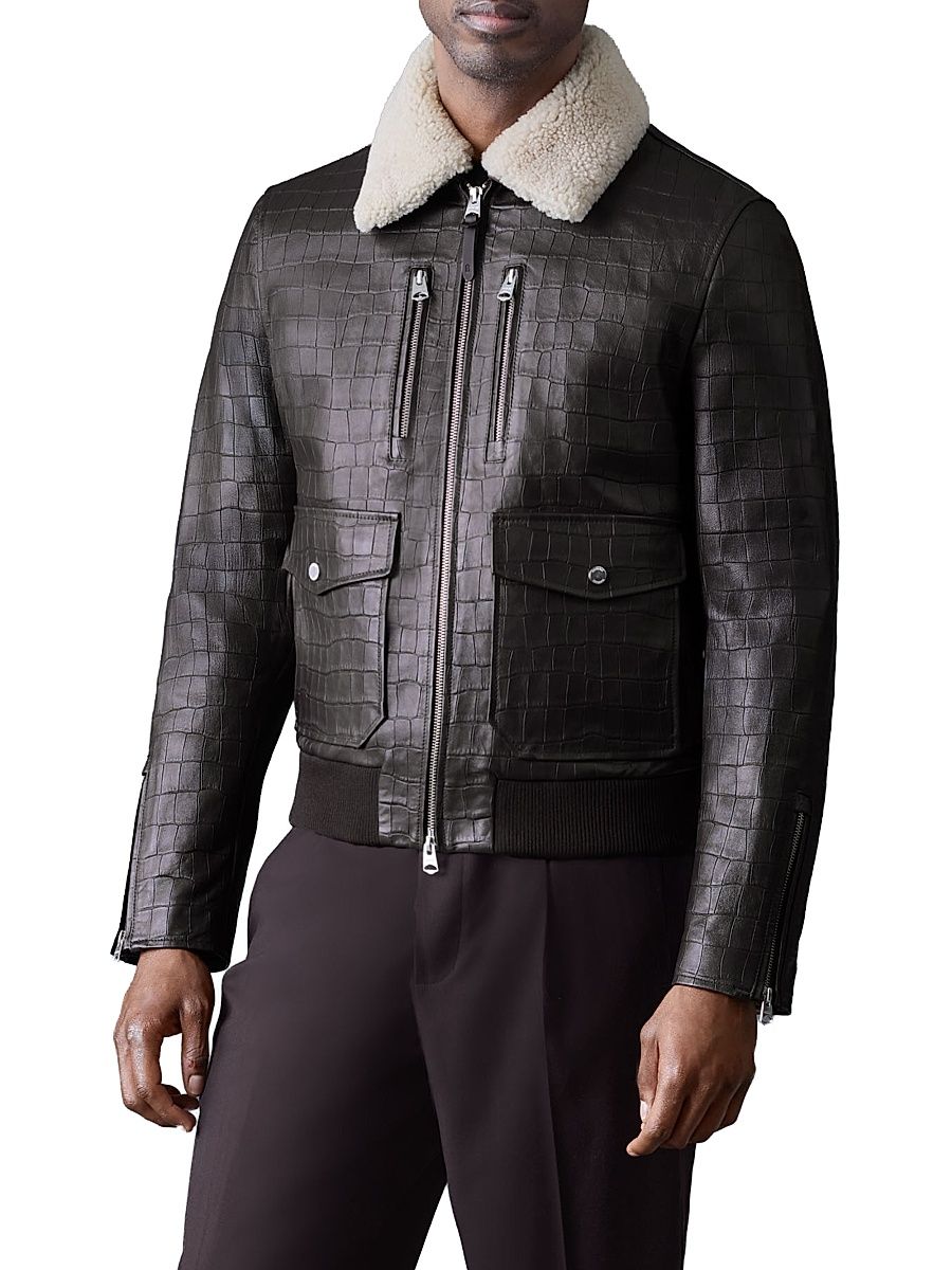 Men's Chance Croc-Embossed Leather Trucker Jacket - Coffee - Size 46