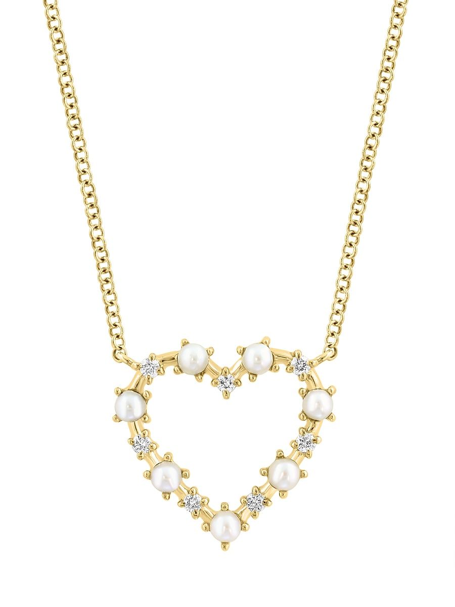 Women's 18K Yellow Gold, Cultured Freshwater Pearl & 0.09 TCW Diamond Heart Pendant Necklace - Yellow Gold
