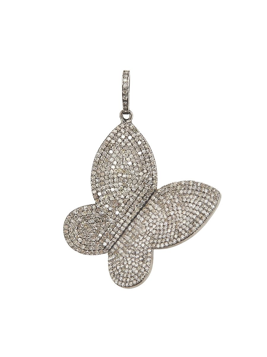 Women's Rhodium-Plated Silver & Champagne Diamond Butterfly Pendant - Sterling Silver