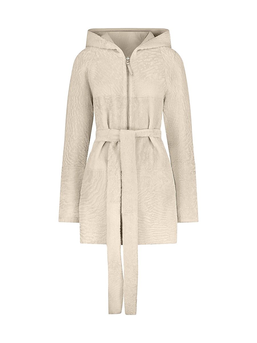 Women's Reversible Textured Shearling Lamb Zip Parka - Beige - Size Small