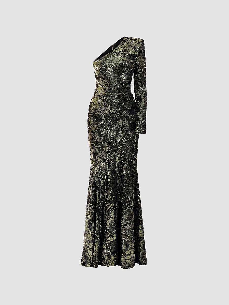Women's This Is Not Her Sequined One-Shoulder Mermaid Gown - Olive - Size 8
