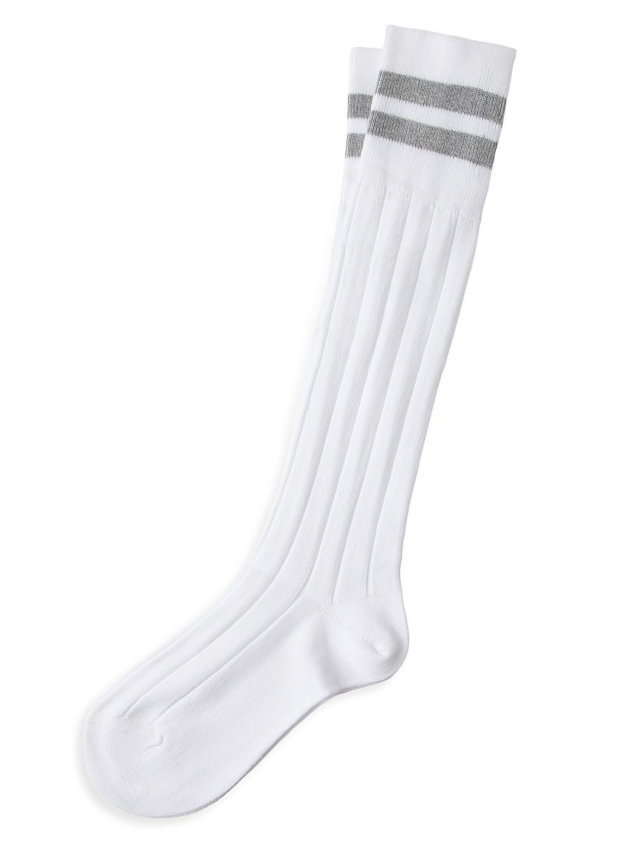 Women's Cotton Rib Knit Socks with Stripes - Grey - Size Large