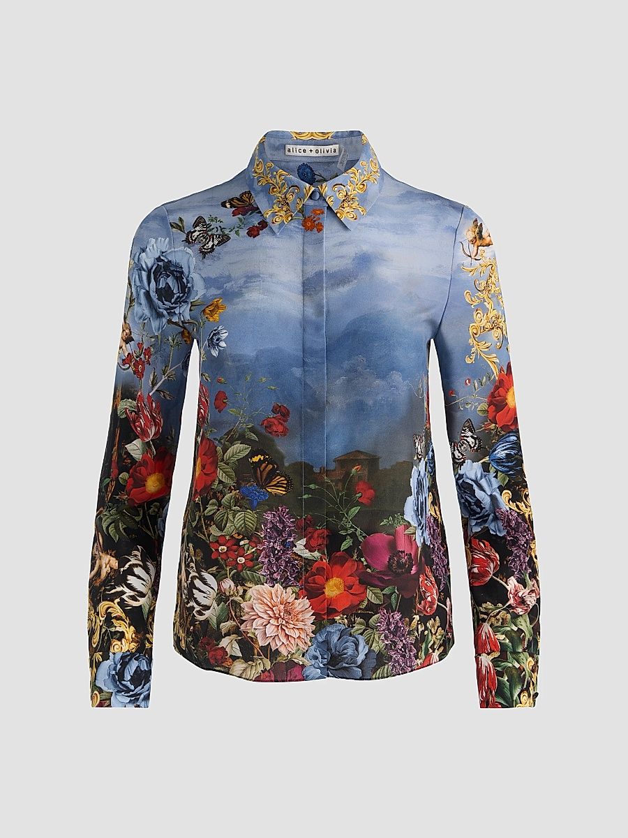 ALICE + OLIVIA Women's Willa Floral Silk Button-Front Top - Alpine Dawn - Size XL