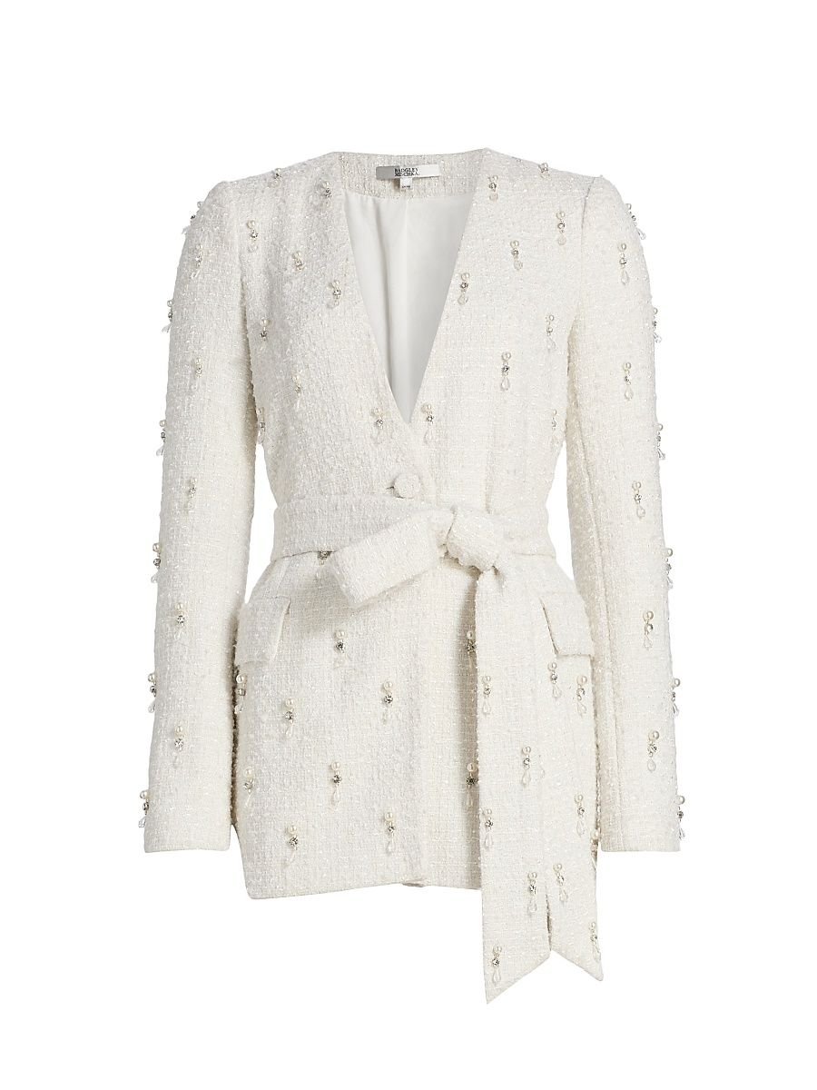 Women's Embellished Bouclé Evening Jacket - Ivory - Size 10