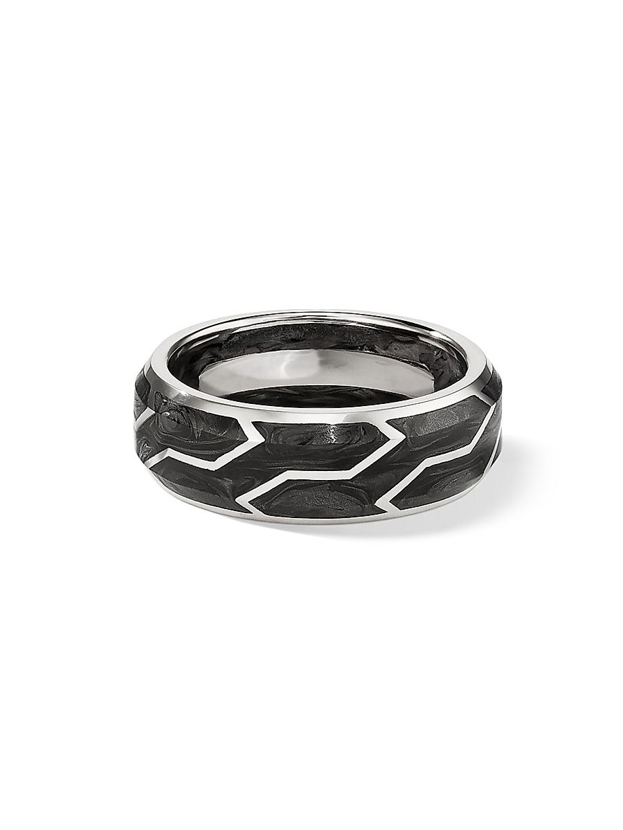Men's Forged Carbon Band Ring With 18K White Gold - Black - Size 11