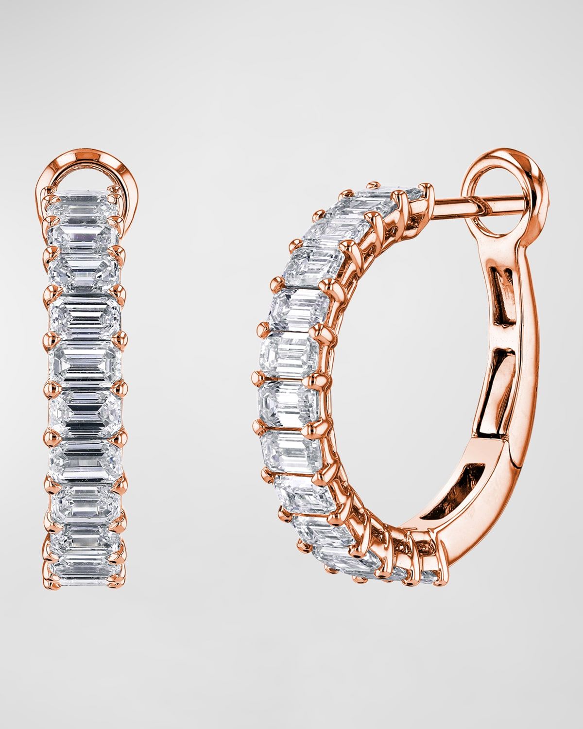 18K Gold Emerald-Cut Diamond Halfway Huggie Hoop Earrings, 7tcw/0.75"L