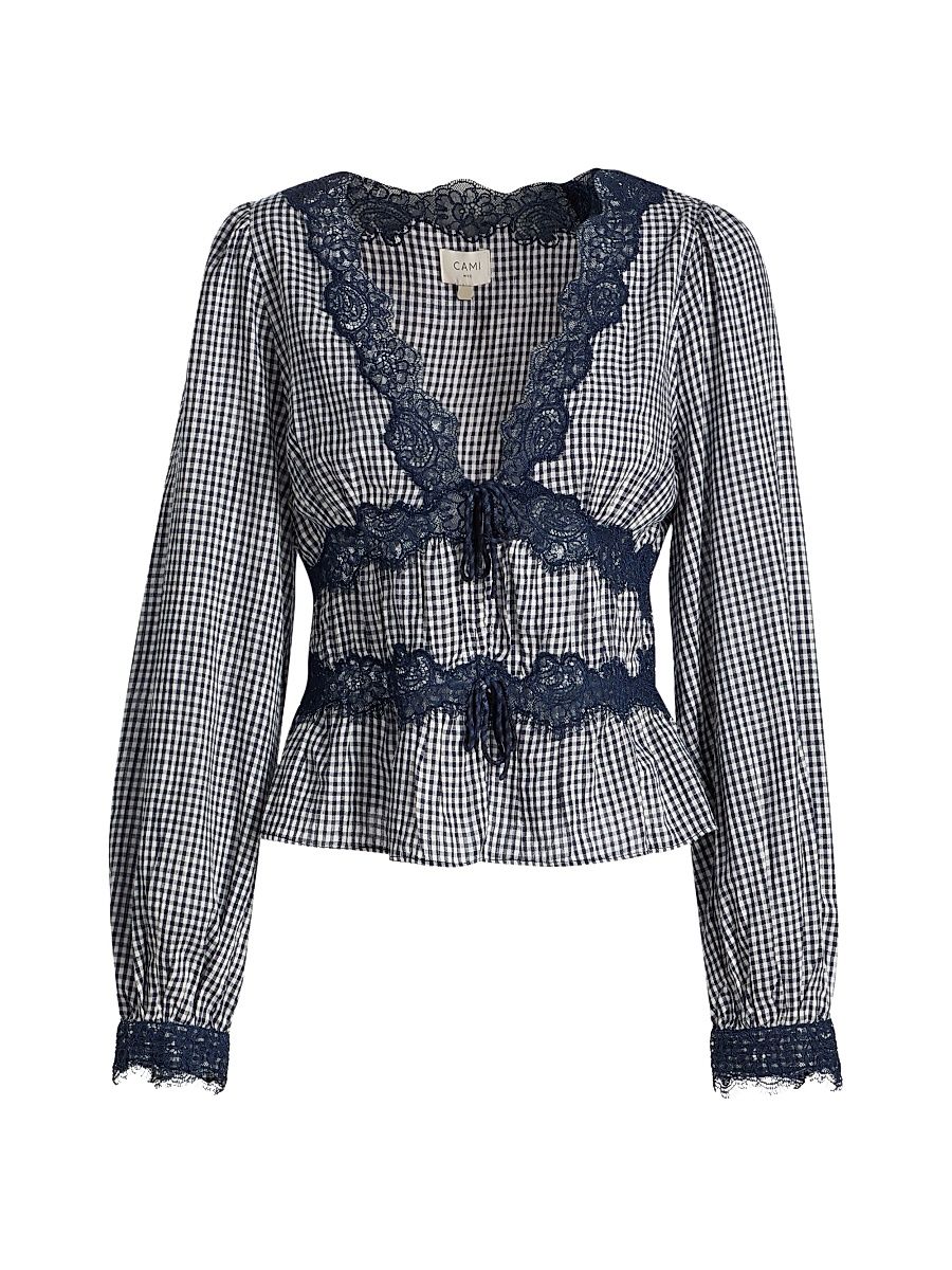 Women's Veredi Gingham Lace-Trimmed Blouse - Blue Gingham - Size Large