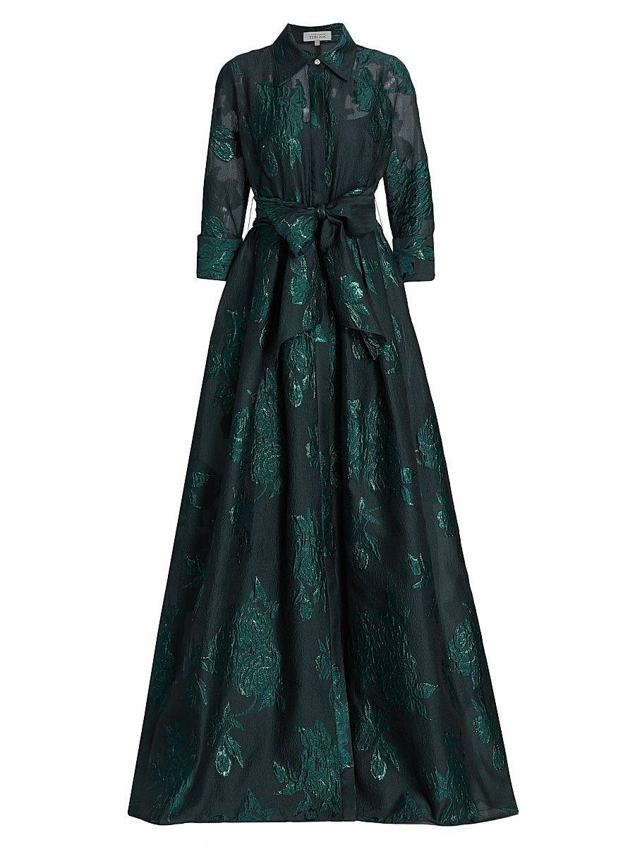 Women's Three-Quarter Sleeve Metallic Jacquard Shirt Waist Gown - Emerald - Size 16