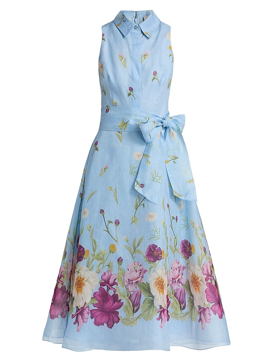 Women's Floral Silk-Linen Fit & Flare Midi-Dress - Light Blue Multi - Size 18
