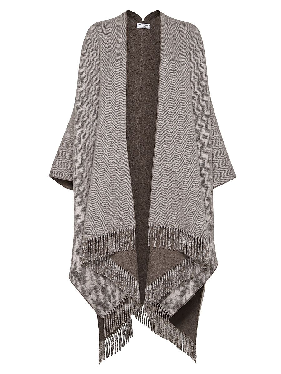 Women's Sparkling Cashmere Chevron Flannel Reversible Poncho with Fringe - Light Brown