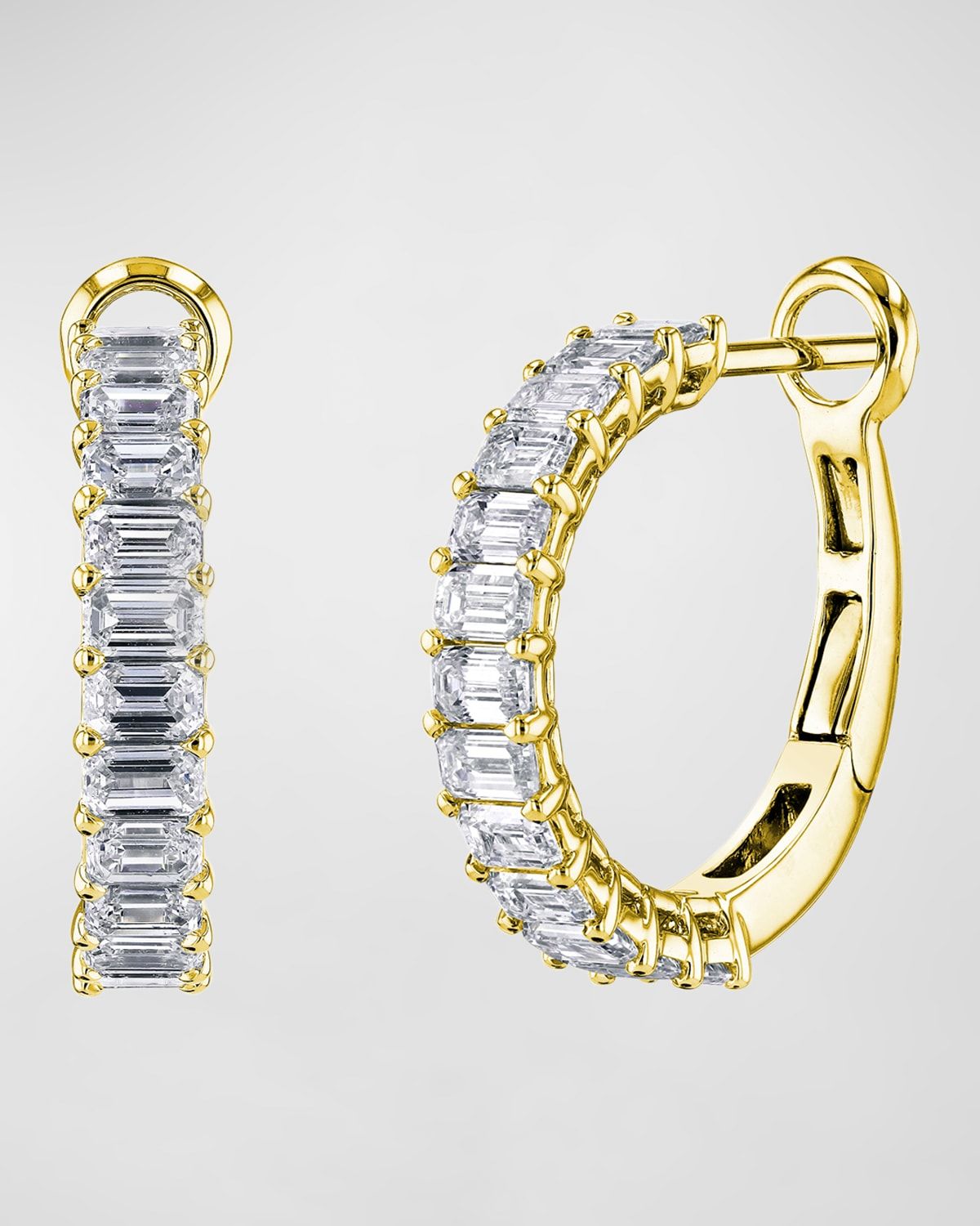 18K Gold Emerald-Cut Diamond Halfway Huggie Hoop Earrings, 7tcw/0.75"L