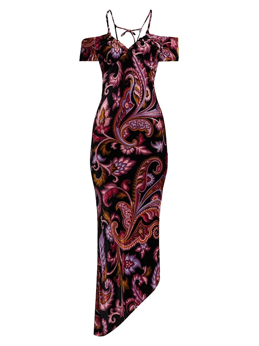 Women's Paisley Off-the-Shoulder Midi-Dress - Printed Black Base - Size 10