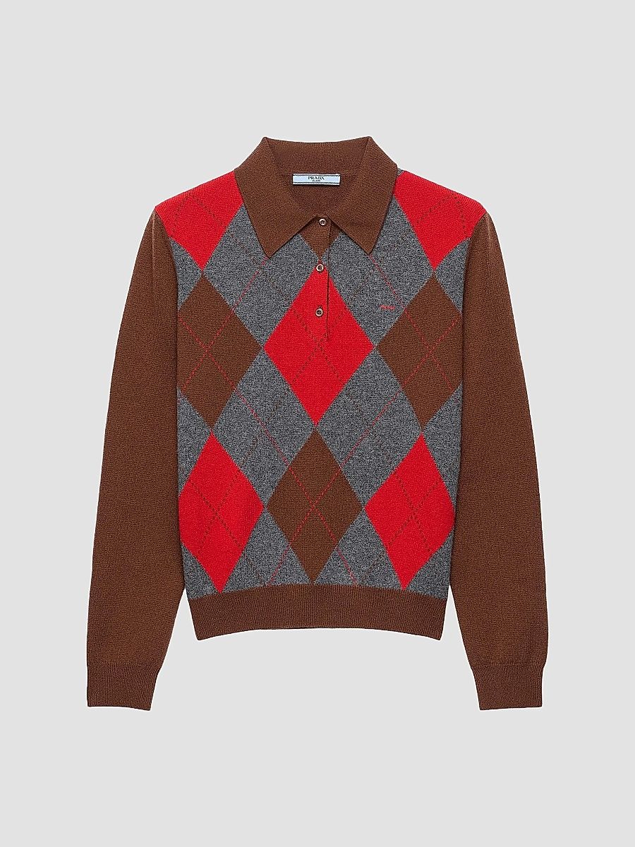 Women's Argyle Cashmere Polo Sweater - Brown - Size 10