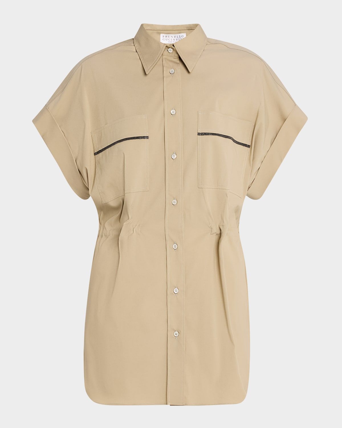 Monili-Pocket Cap-Sleeve Cotton Poplin Shirt Jacket