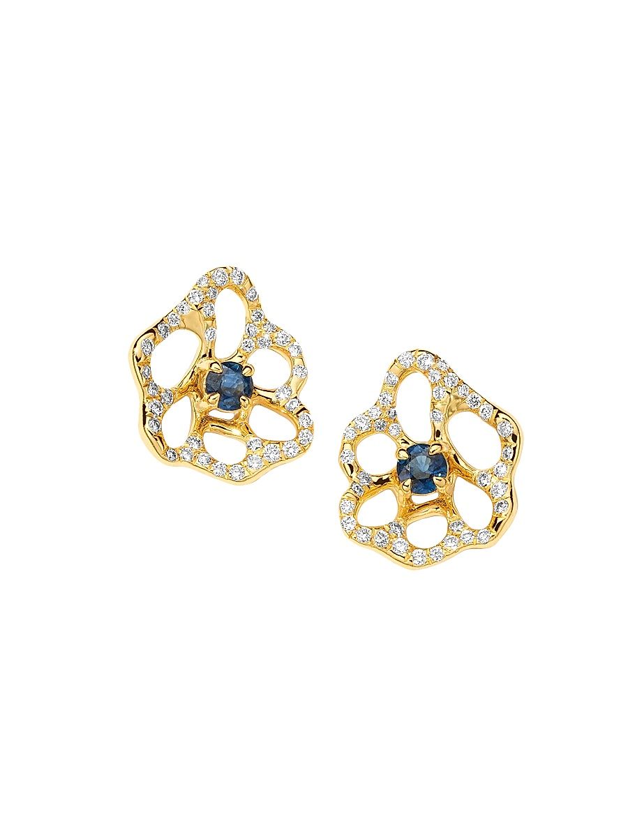Women's Stardust 18K Yellow Gold, Blue Sapphire & 0.3 TCW Diamond Flower Stud Earrings - Blue Sapphire