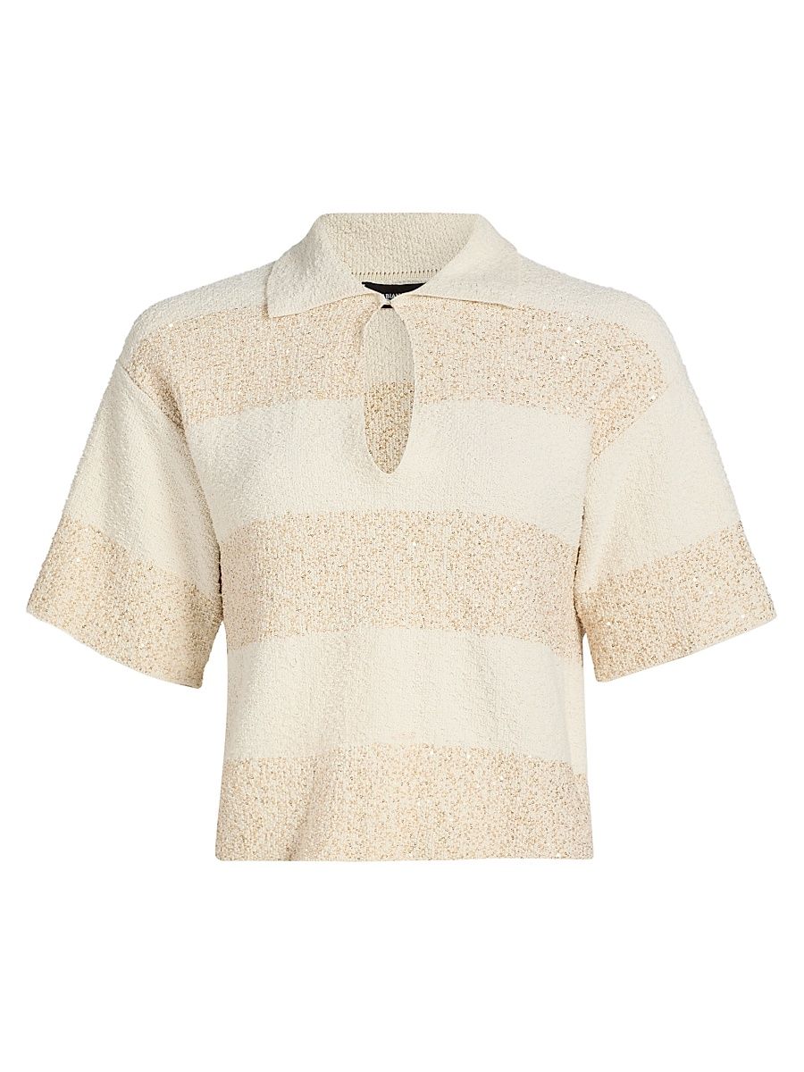 Women's Striped Bouclé Cotton Cropped Polo Top - Burro - Size 10