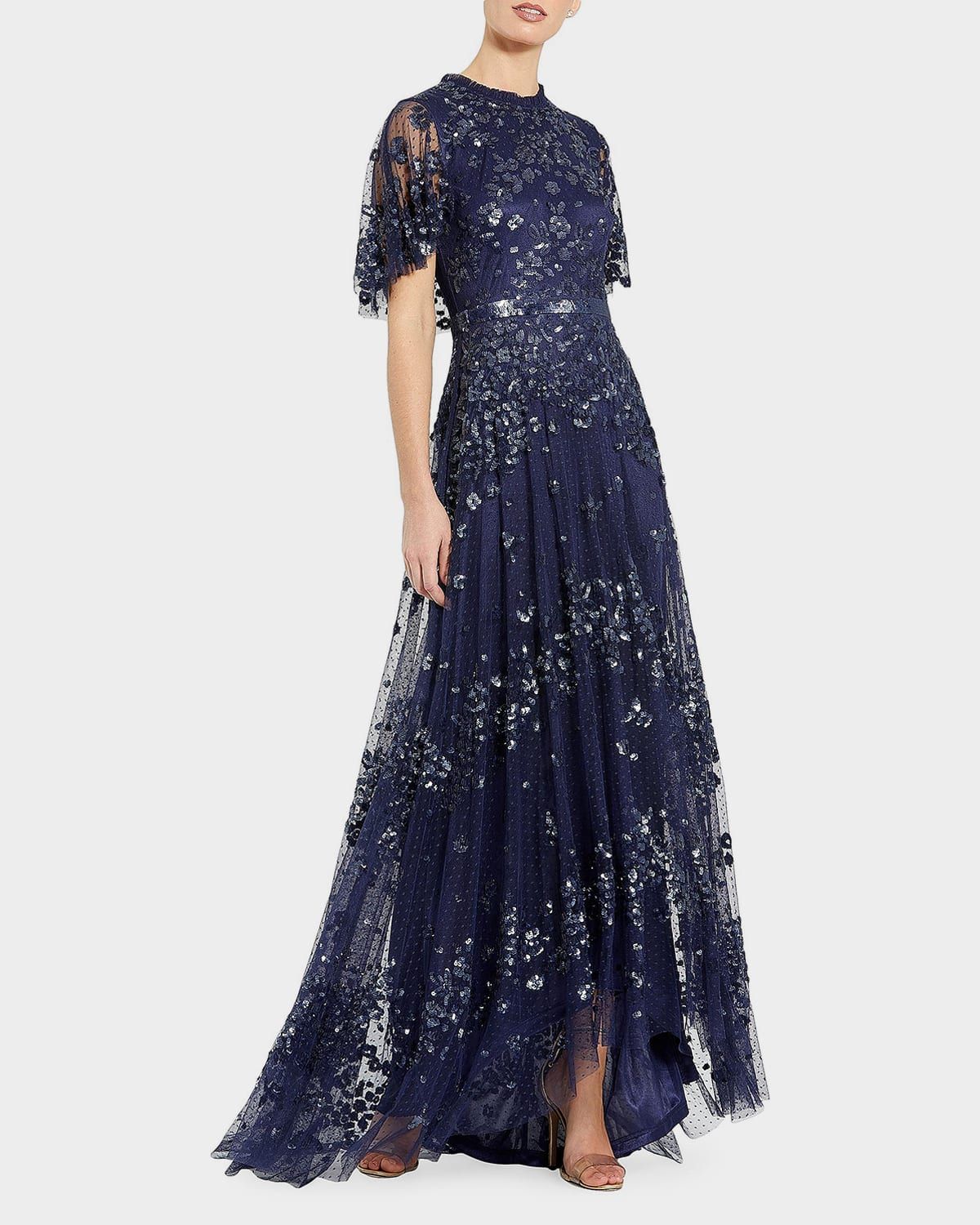 Flutter-Sleeve Sequin Tulle Gown