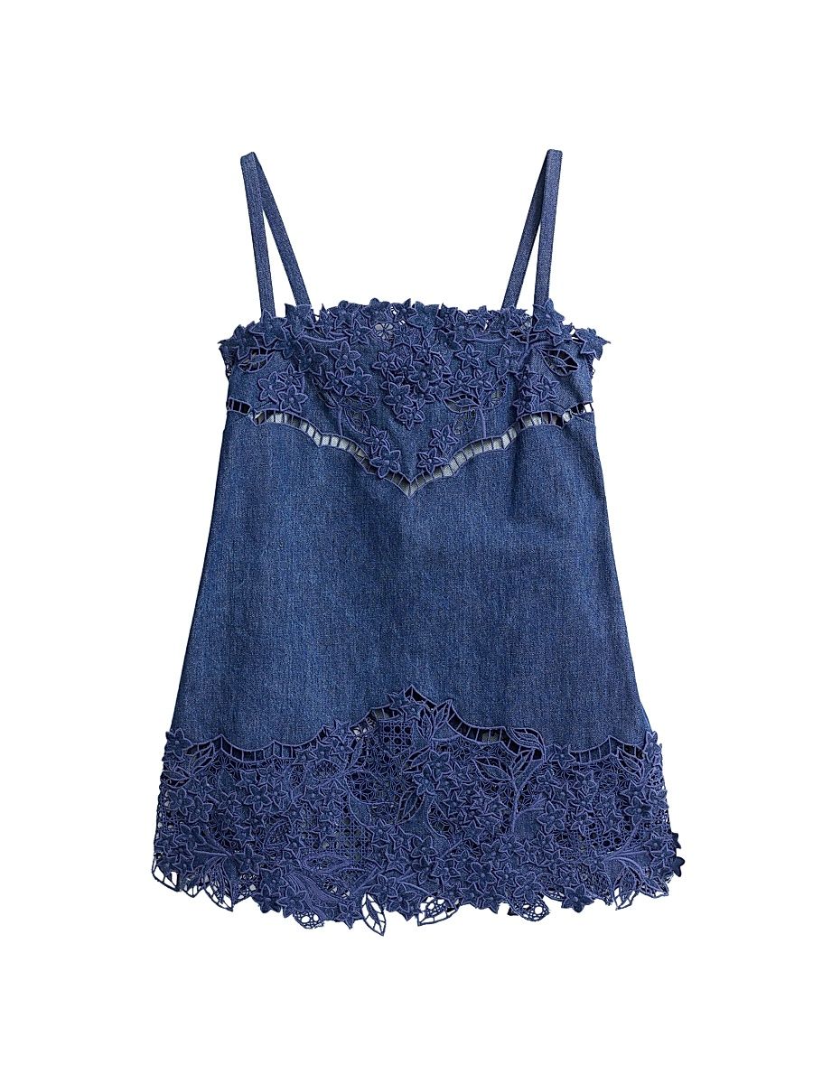 Women's Embroidered Floral Denim Minidress - Med Wash Denim - Size 8