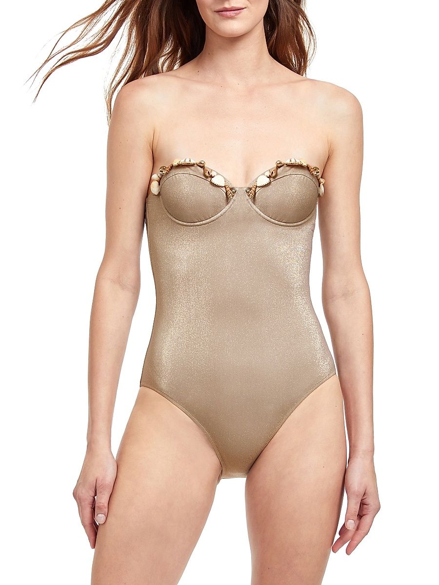 Women's White Sands Metallic Corset One-Piece Swimsuit - Sand - Size 14