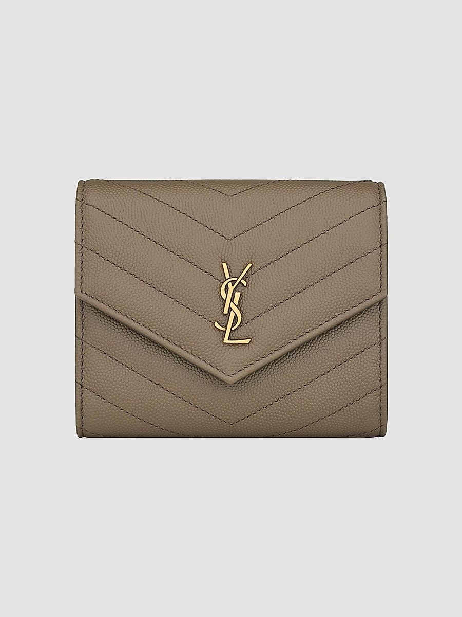 Saint Laurent Women's Cassandre Compact Tri Fold Wallet in Grain De Poudre Leather - Light Taupe
