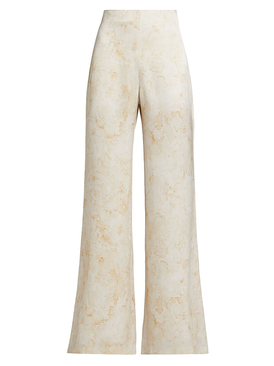 Women's Palermo Watercolor Wide-Leg Pants - Cream Abstract Print - Size Large