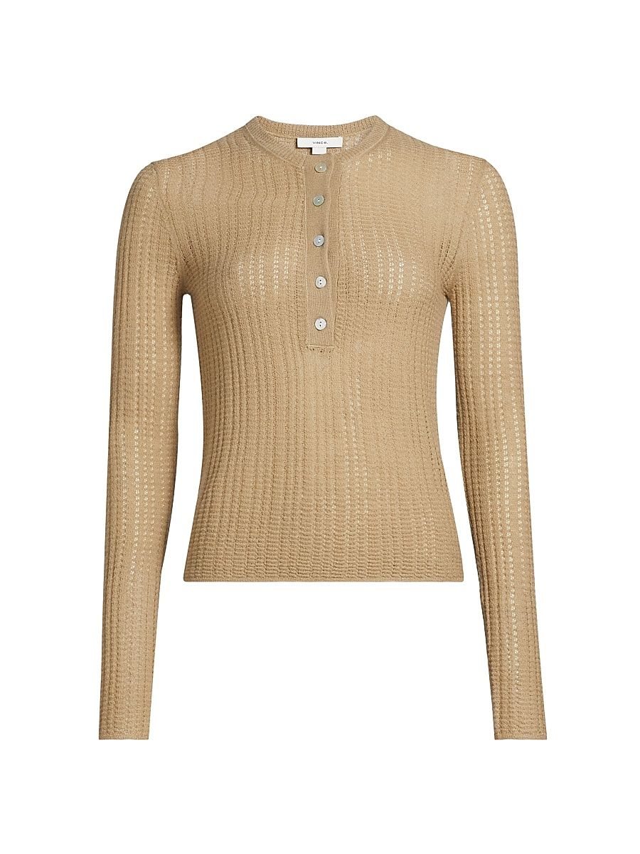 Women's Waffle-Knit Cashmere-Silk Henley - Mojave - Size Medium