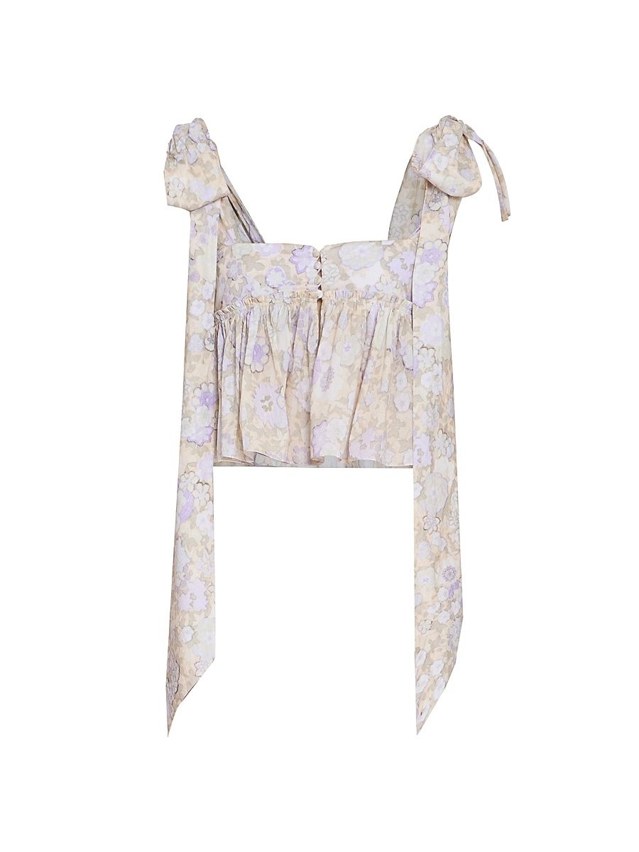 Women's À La Plage Floral Cotton Tie-Strap Top - Multicolor Purple - Size 10