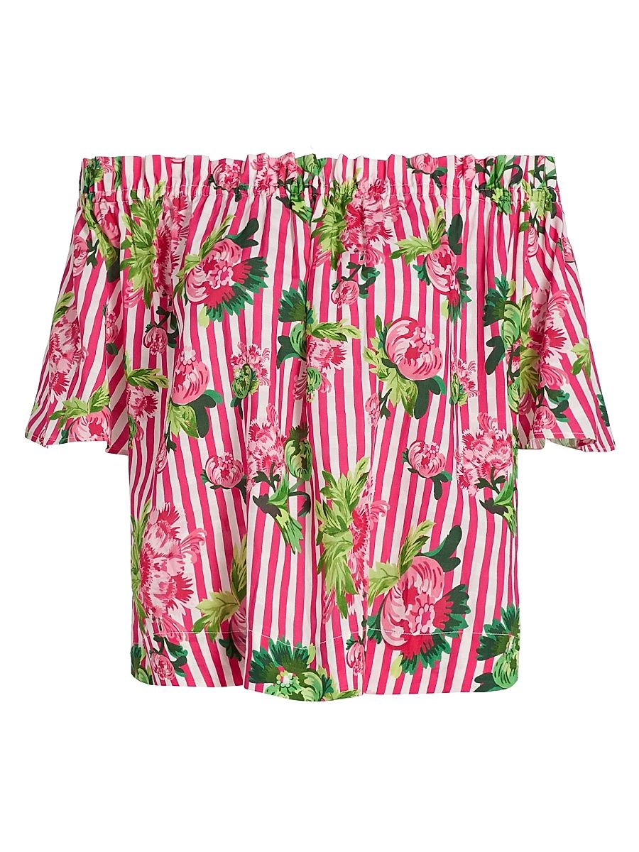 Women's Tess Striped Floral Off-The-Shoulder Top - Pivoines Stripe - Size 0