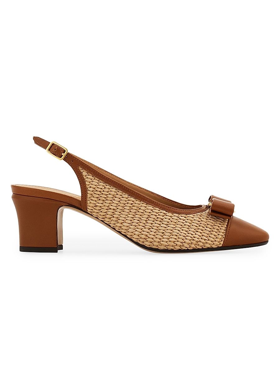 Women's Vetty 55MM Raffia & Leather Slingback Pumps - Naturale Biscotto - Size 11