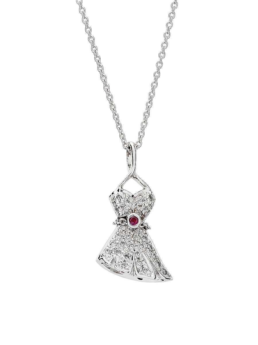 Women's Tiny Treasures 18K White Gold, 0.13 TCW Diamond & Ruby Little Black Dress Pendant Necklace - White Gold