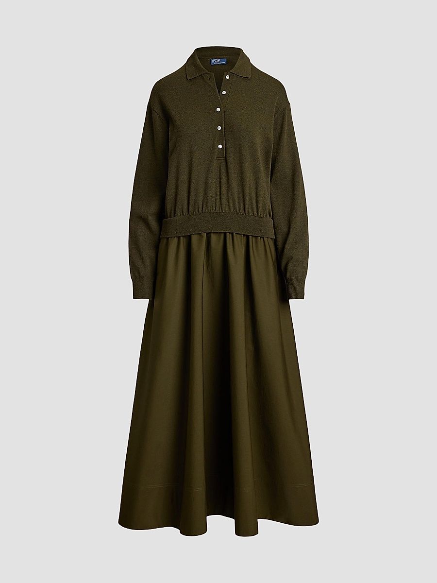 Polo Ralph Lauren Women's Hybrid Knit Polo Midi Dress - Harvest Olive Heather - Size XS
